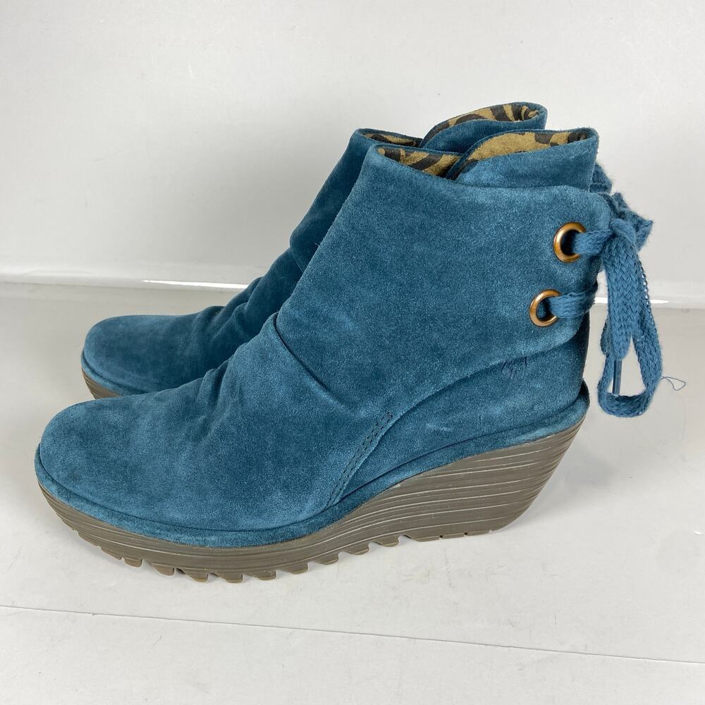 Fly London Yama Boots Size 38 /US 7.5 Blue Suede Platform Lug Wedge Booties - Picture 2 of 8